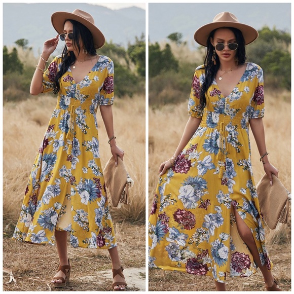 🆕Floral print maxi dress in yellow mustard - Picture 1 of 5